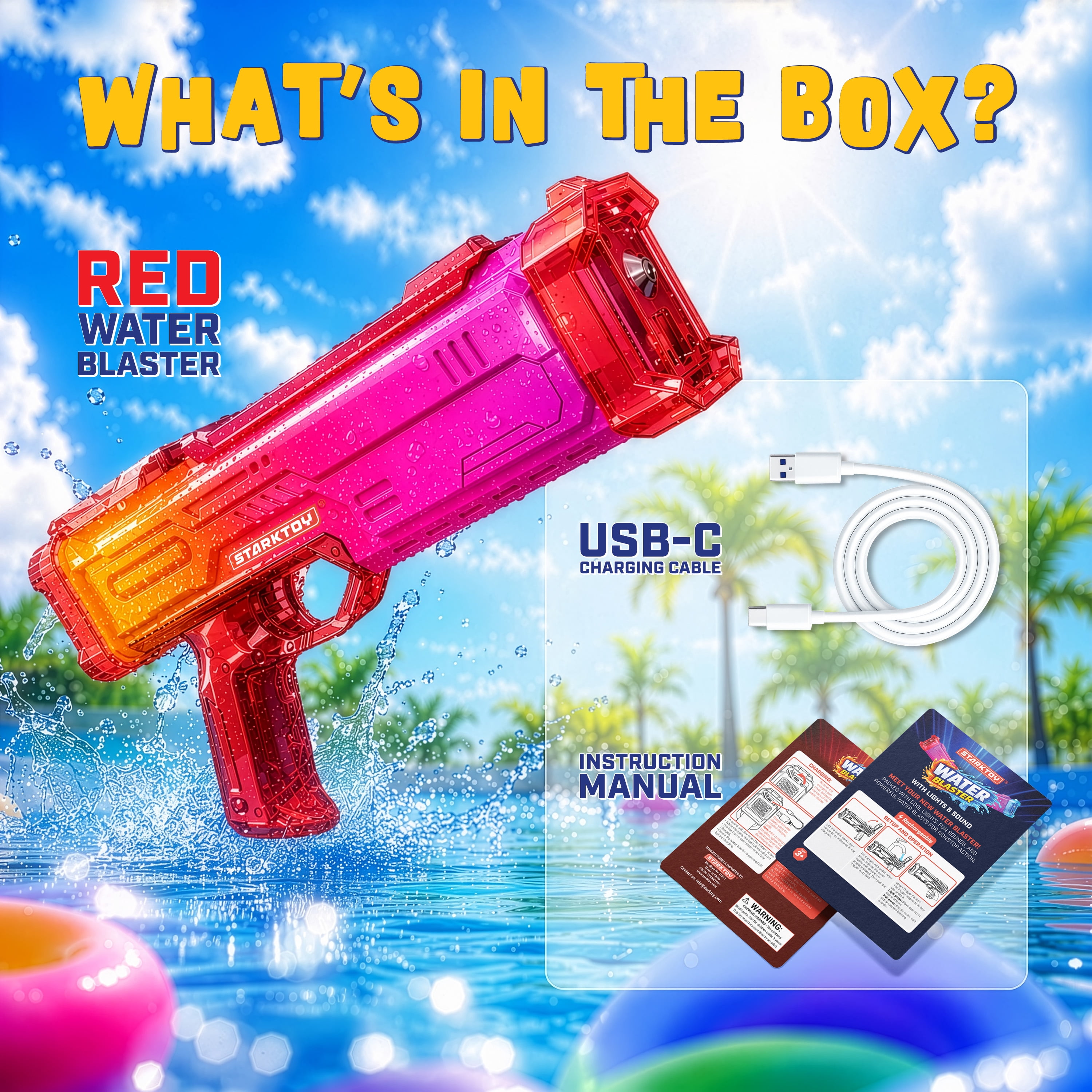 STARKTOY Electric Water Blaster Light Up Full Body Color Changing LED Squirt Gun, Automatic Rechargeable Water Gun for Kids and Adults, Long Range Soaker, Red