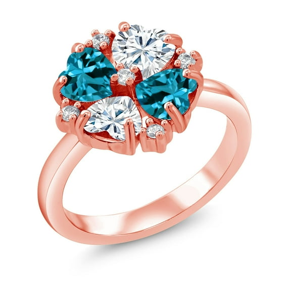 Gem Stone King 18K Rose Gold Plated Silver London Blue Topaz and Moissanite Ring for Women (2.18 Cttw, Heart Shape 5MM, Gemstone November Birthstone, Size 9)