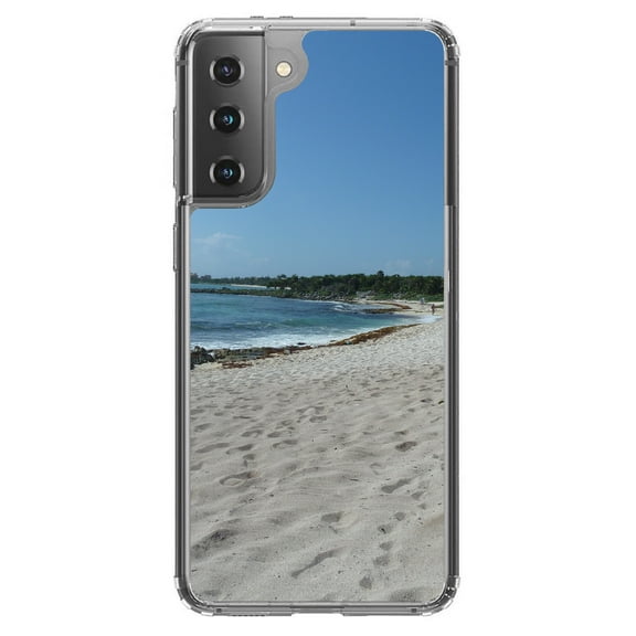 DistinctInk Clear Shockproof Hybrid Case for Galaxy S21 5G (6.2" Screen) - TPU Bumper, Acrylic Back, Tempered Glass Screen Protector - Beach Scene Akumal Mexico