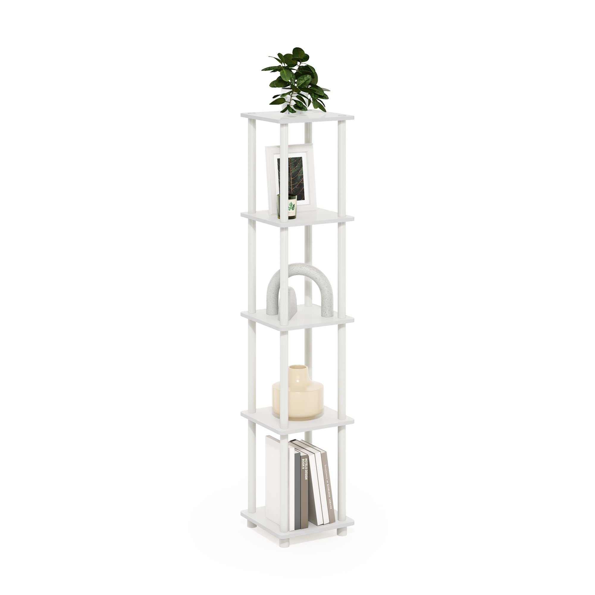 Furinno Turn-N-Tube Adult Office Adjustable 5-Tiers Composite Wood Dimensions 11.6" W x 11.6" D x 57.7" H Storage Shelves Total Capacity Holds up to 10 lb, Per Shelf Capacity 10 lb, White, 1 Pack