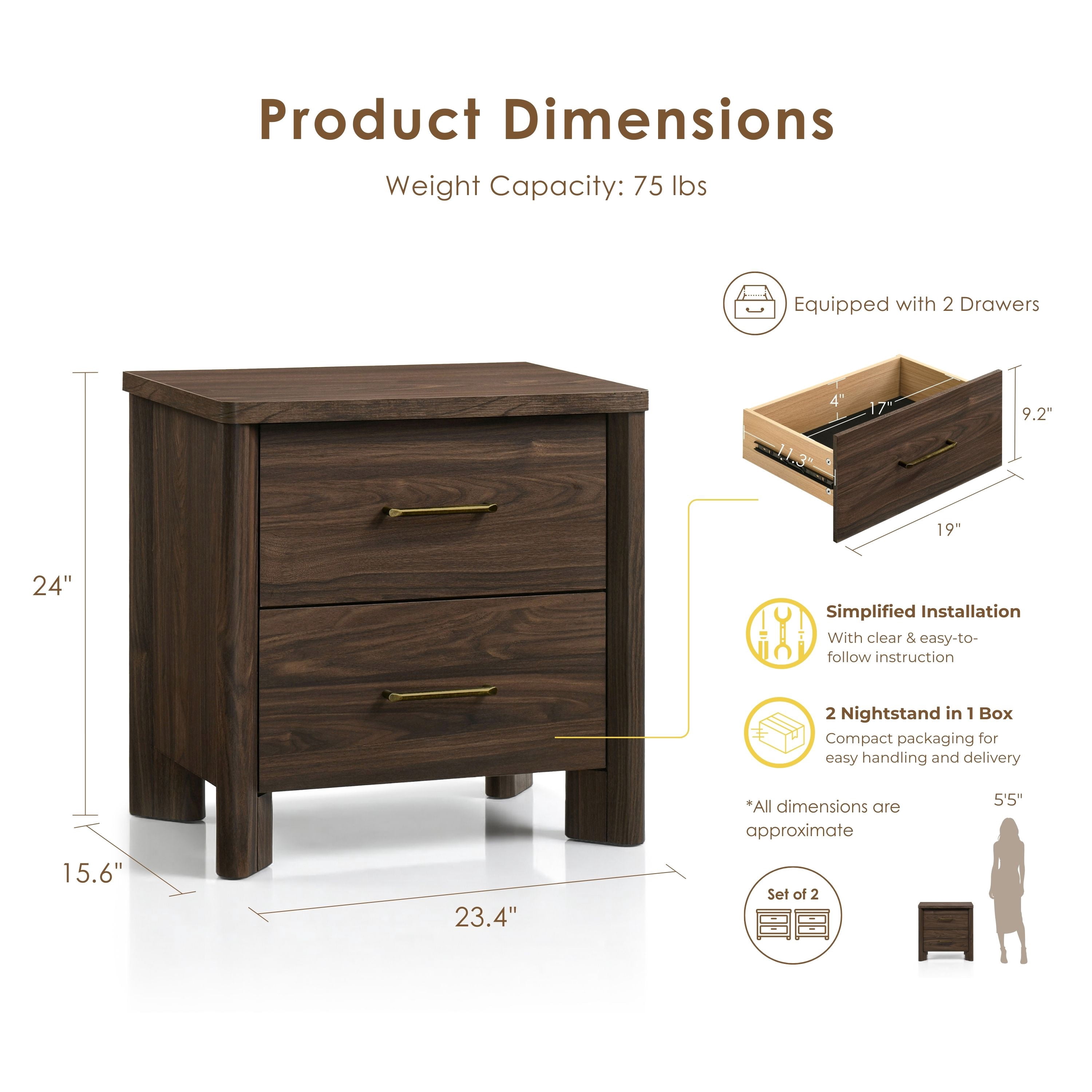 Furniture of America Gracie Modern Wood 2-Drawer Nightstands with USB Ports, Set of 2, Walnut