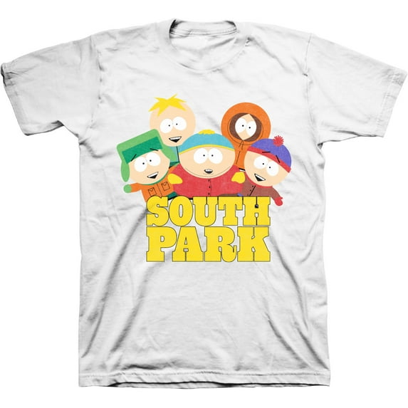 Mens South Park Logo Shirt - Cartman, Kenny, Kyle & Stan Tee - Classic South Park T-Shirt (White, X-Large)