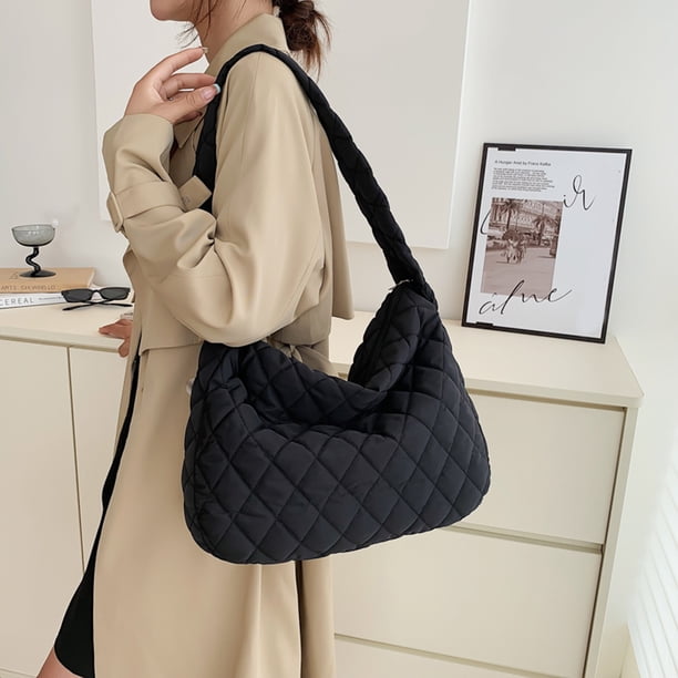 Bolso de hombro de moda para mujer, bolso de mano acolchado con patrón de rombos (negro)