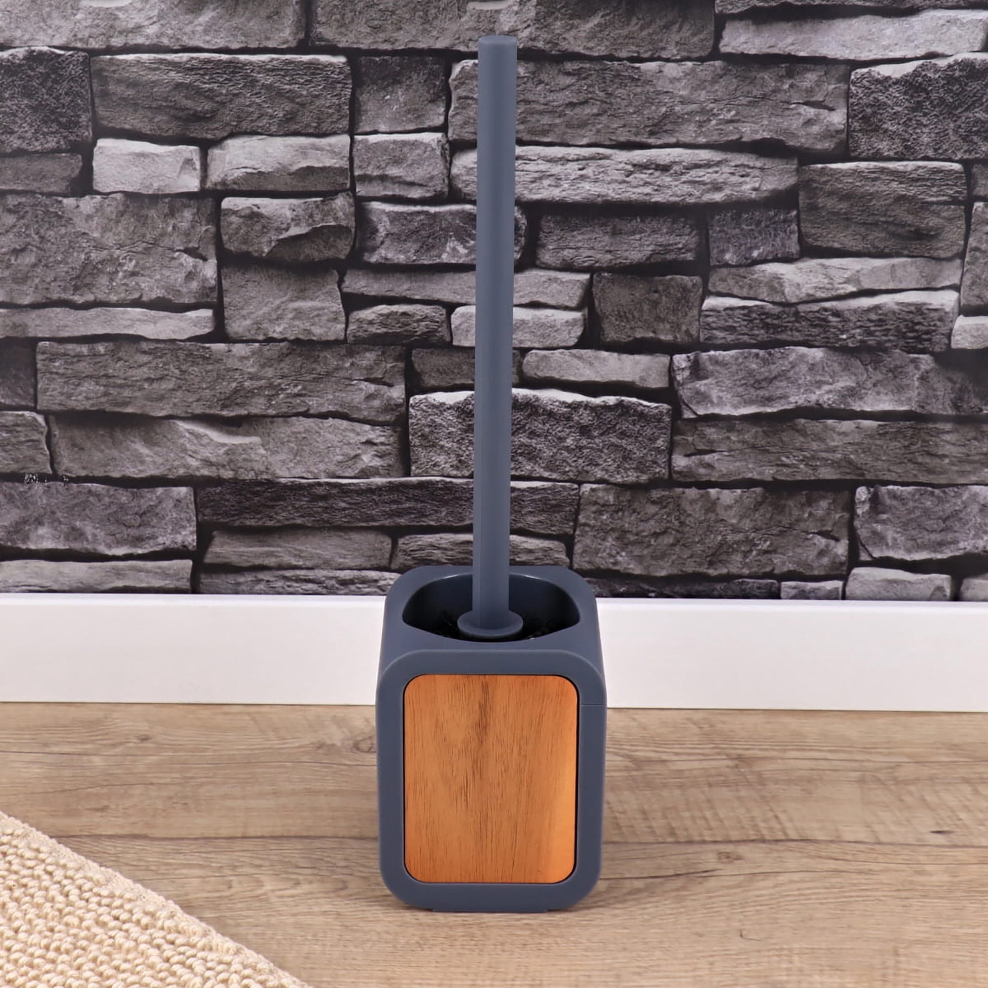 Toilet Brush and Holder Gray Rubber and Acacia