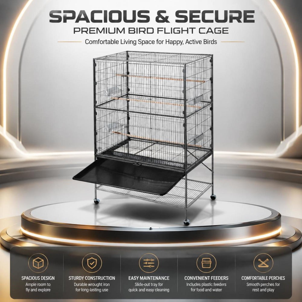 Bird Cage, wrought iron construction with perches, slide-out tray and plastic feeders, suitable for canary, cockatiel and parrot