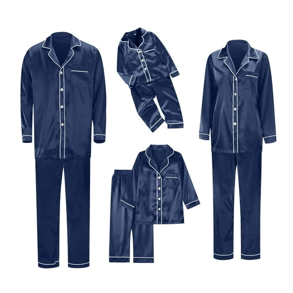 Inglocry Family Christmas Pajamas Matching Sets 2025 Silk Satin Casual Long Sleeve Top Pants 2 Piece Sets Lounge Pjs Men Navy Blue 3XL