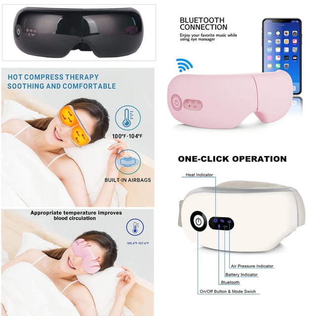 Masajeador de ojos portátil con masajeador inalámbrico de calor para ojos y patillas para secos, fatiga ocular recargable plegable - Negro Salvador Masajeador de ojos