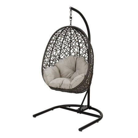 Better Homes & Gardens Lantis Patio Wicker Hanging Egg Chair with Stand - Brown Wicker, Beige Cushion