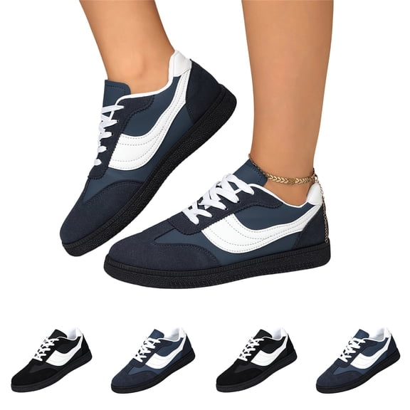 Domzle Women Retro Gum Sole Fashion Sneakers | Faux Leather Classic Tennis Skate Walking Shoes Anti Slip Trainers Blue