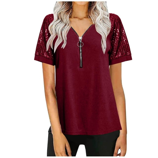 Birdeem Womens Fashion Casual V-Neck Patchwork Zipper Short Sleeve Loose Comfortable Blouse Tops