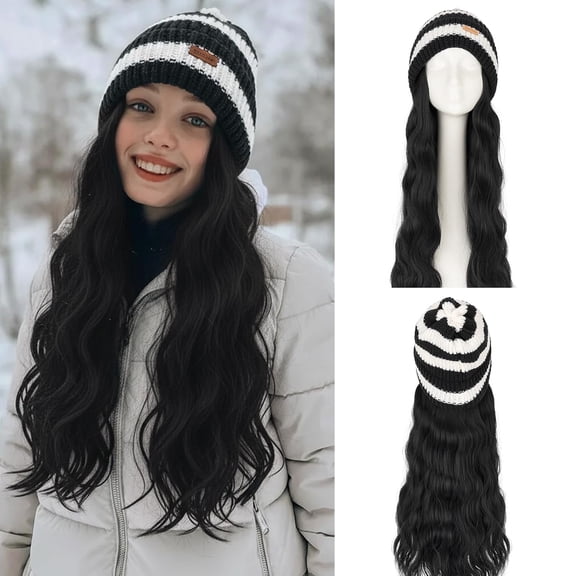 JOFMWIX Beanie Wig Hair Extensions,Natural Black Long Wavy Hair Extensions with Knitted Hat Wigs for Women 18 Inch