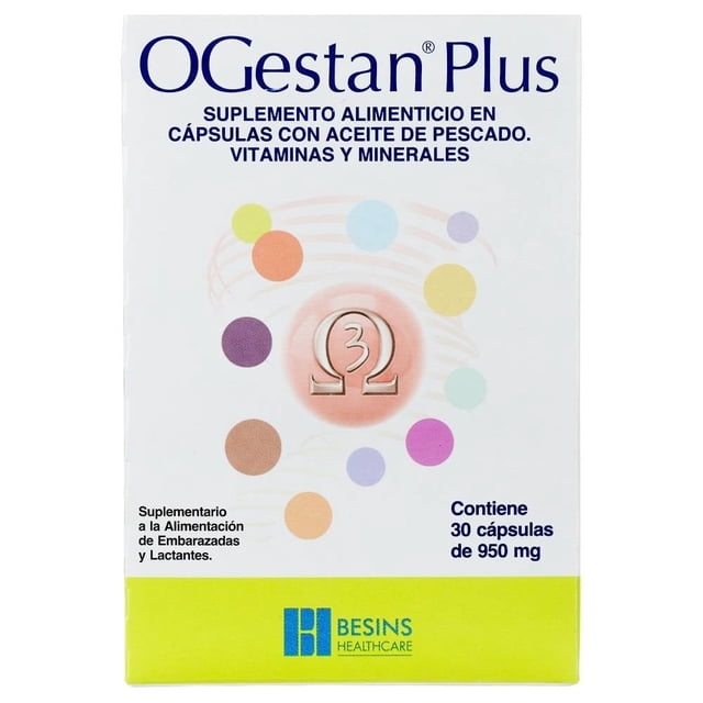 Suplemento alimenticio Ogestan Plus Aceite de pescado, vitaminas y minerales caja con 30 capsulas de 950mg cada una