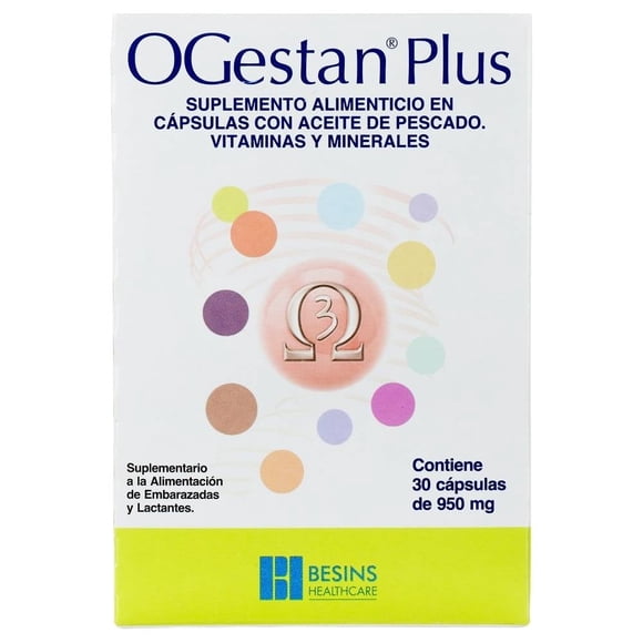 Suplemento alimenticio Ogestan Plus Aceite de pescado, vitaminas y minerales caja con 30 capsulas de 950mg cada una