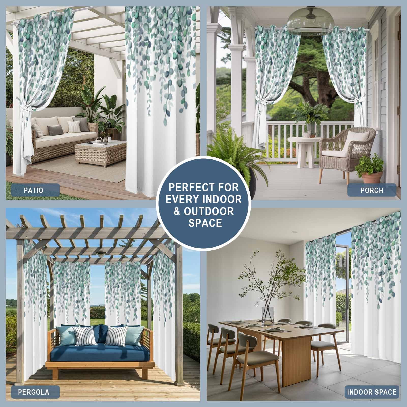 Outdoor Curtains for Patio Waterproof, Teal Green Eucalyptus Leaves Outdoor Privacy Panels Grommet, Spring Plants Leaves Country Blackout Outside Curtains for Porch/Cabana 54"x108", 1 Panel