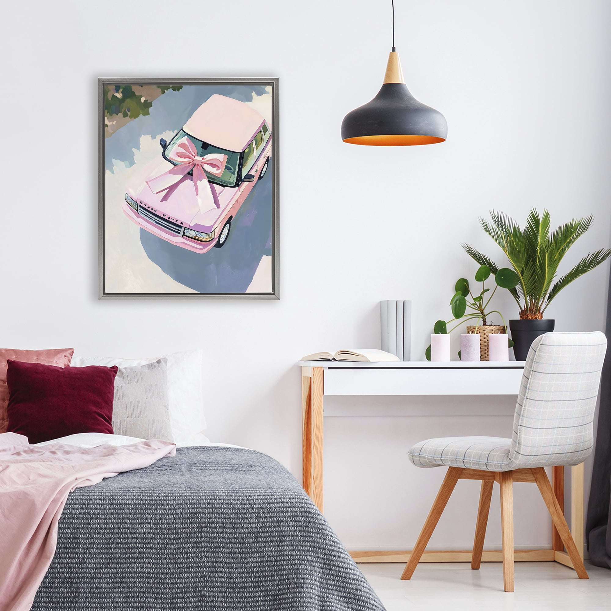 Stupell Industries Pink Luxury Rover with Ribbon Gray Framed Floater Canvas Wall Art, design by The Prints Vibe