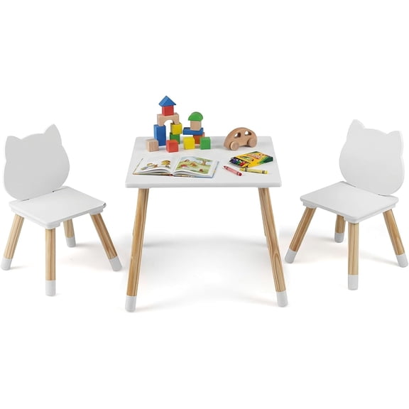 INFANS Kids Table and Chair Set, Wooden Toddler 3-Piece Desk for Playing Eating Drawing Reading Art Crafts, Ideal Children Furniture for Kindergarten Classroom
