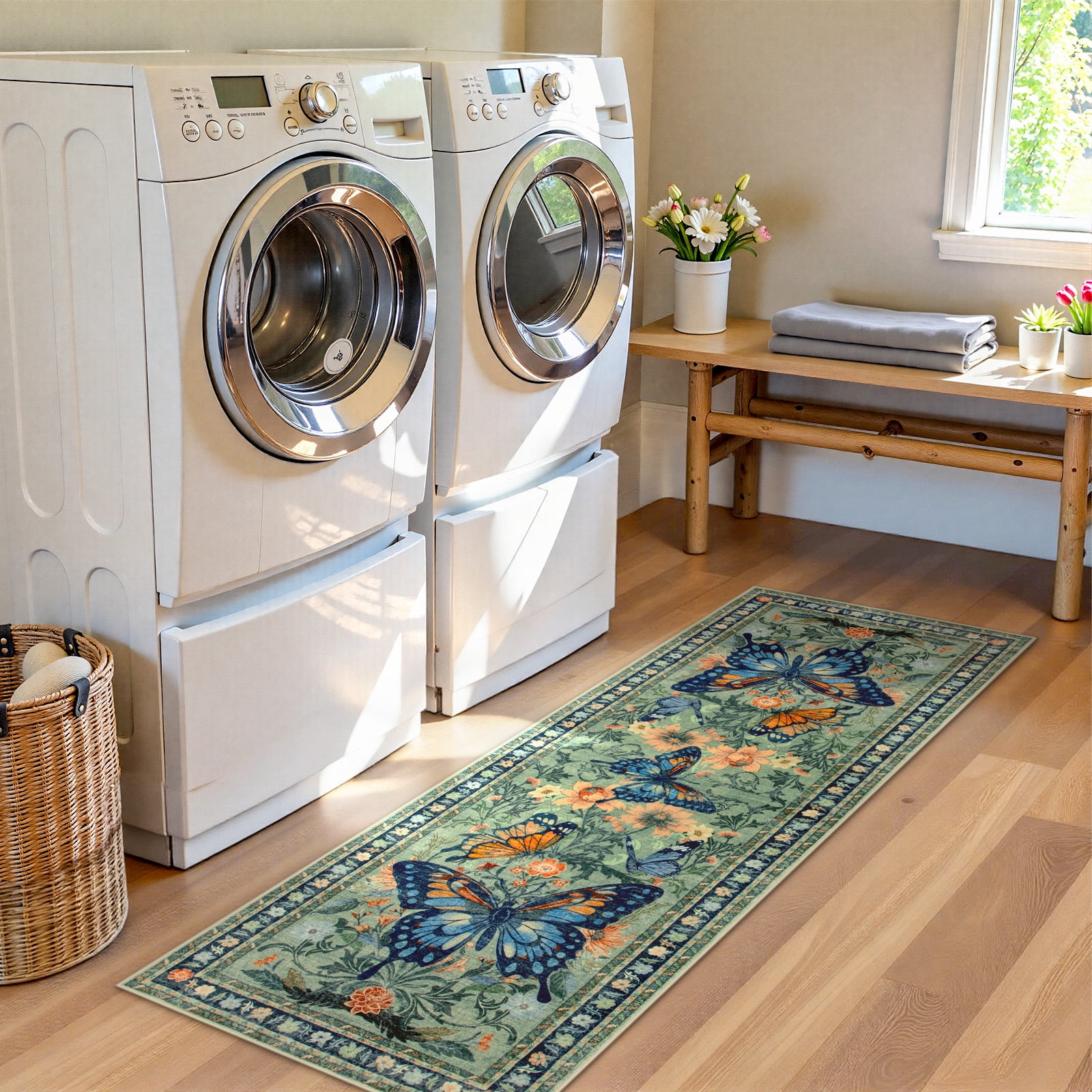 Lahome Decor 2'x6' Butterfly Kitchen Rug,2x6ft Runner Rugs for Hallways, Non-Slip Washable Rugs Stain Resistant Boho Floral Runner Low-Pile Runner Rug Rubber Backing for ‎Bathroom Bedroom,Green
