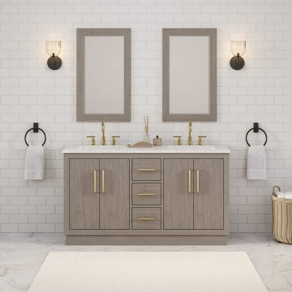 Water Creation 60"W Wood Double Bathroom Vanity in Gray Oak & Gold