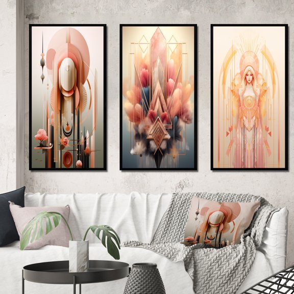 Designart "Retro Pink Pastel Goddess of Harmony" Modern Geometric Framed Wall Art Set Of 3 - Pink Abstract Frame Canvas Set For Living Room Decor