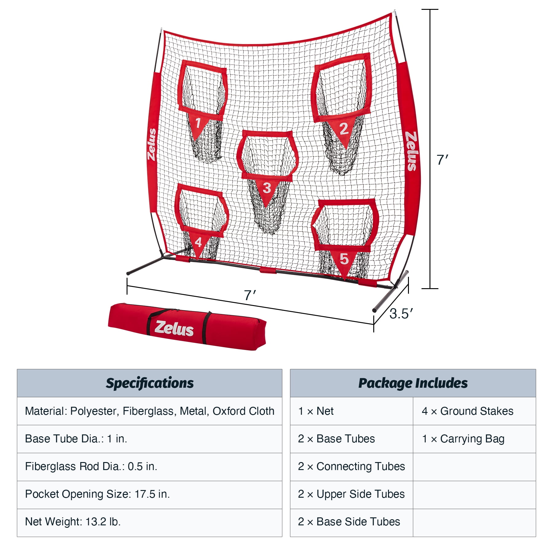 7x7ft Football Throwing Net with 5 Targets - Quarterback Training Gear for All Ages, Includes Carry Bag & Stakes, Red