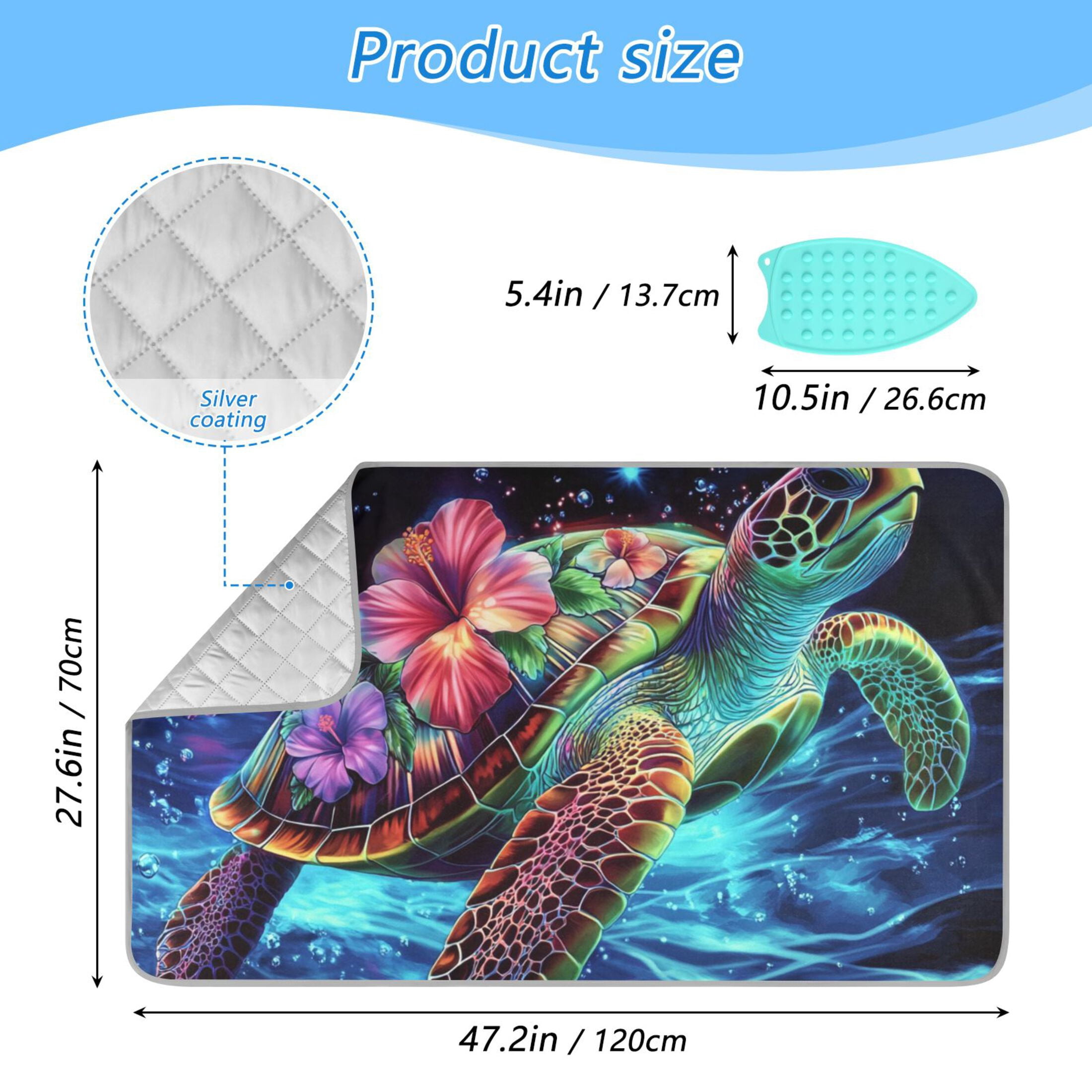 Flowers Around Swimming Neon Turtle Ironing Mat Blanket Portable Travel Ironing Pad Heat Resistant Pad 47.2" x 27.6”