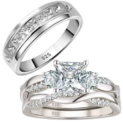 Wuziwen Wedding Ring Sets for His and Hers Princess Couples Rings 3Pcs 925 Sterling Silver CZ Size 7&9