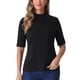 thumbnail image 1 of Camisetas de media manga INSPIRE CHIC para mujeres, top de cuello alto, blusas casuales, sólido, elástico, suave, tops de longitud de codo XL negro, 1 of 1