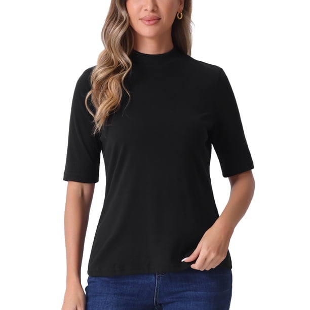 INSPIRE CHIC Camisetas de media manga para mujeres, blusa de cuello alto, blusas casuales, tops elásticos suaves de longitud de codo, S negro