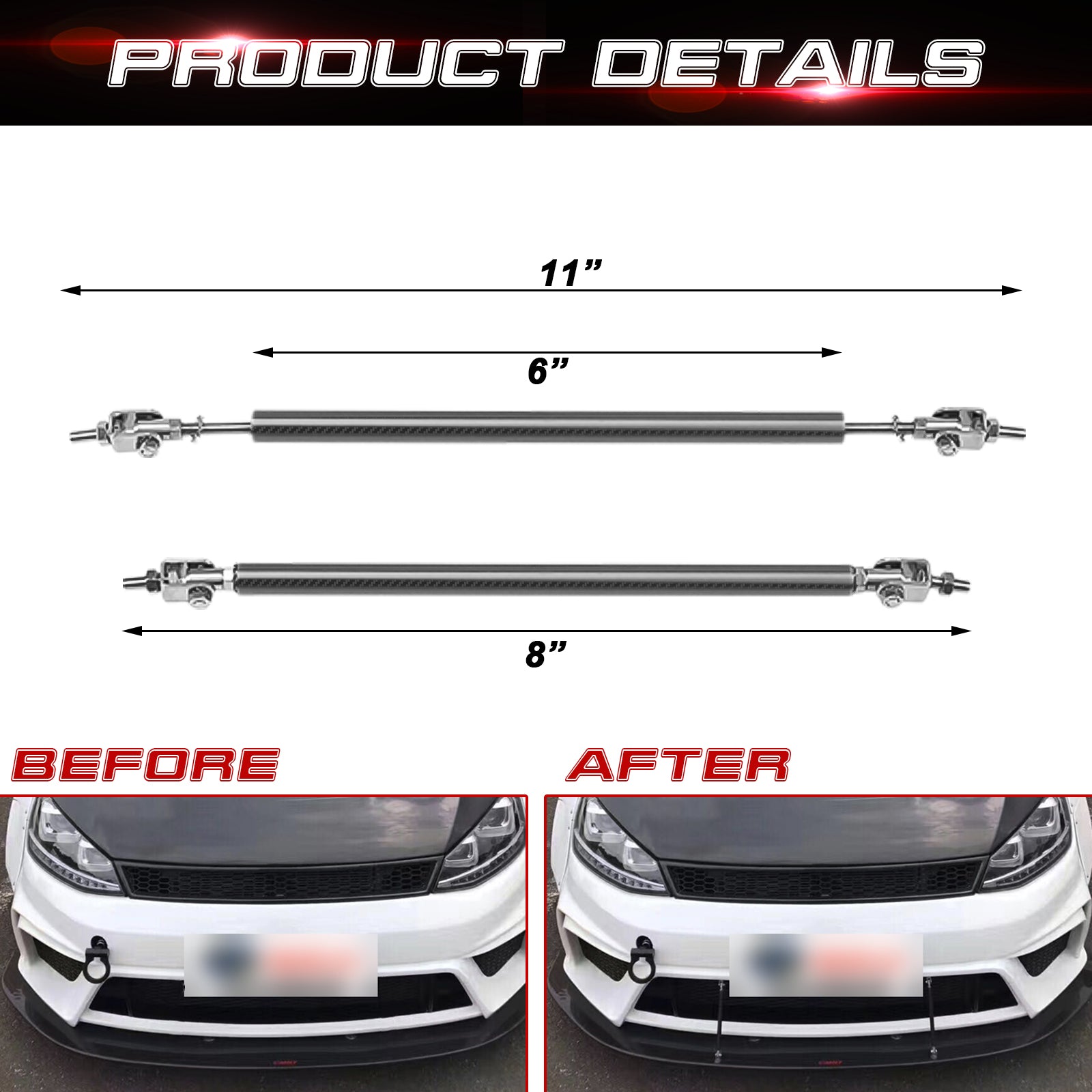 2pc Adjustable Front Bumper Lip Splitter Support Rods – Black, Stainless Steel & Aluminum – 7.87” To 13” Length