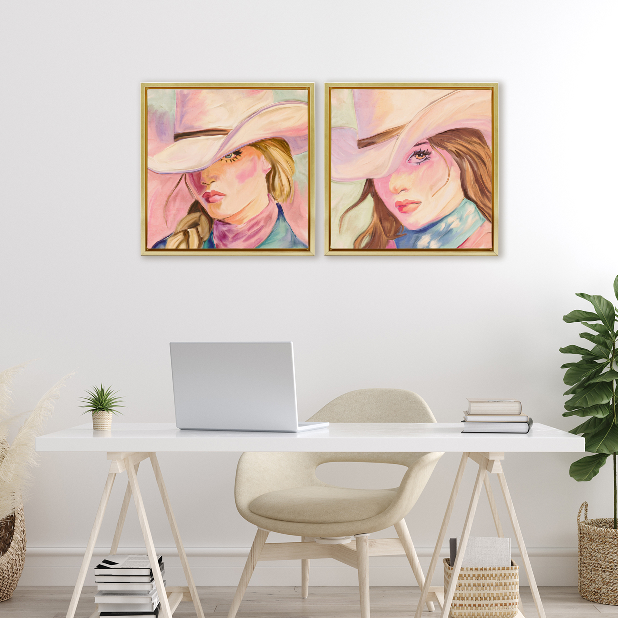Pastel Cowgirls Gazing 2 Piece Gold Framed Floater Canvas Set, design by Kim Allen