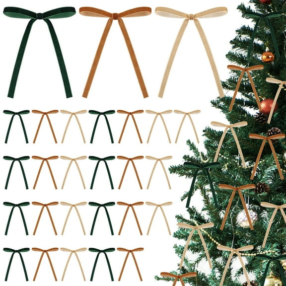 24 Pcs Velvet Christmas Bows for Christmas Tree Rustic Crafts Gift Bows Vintage Velvet Ribbon Bows for Xmas Home Outdoor Indoor (5 x 7 Inch, Width of 3/8")