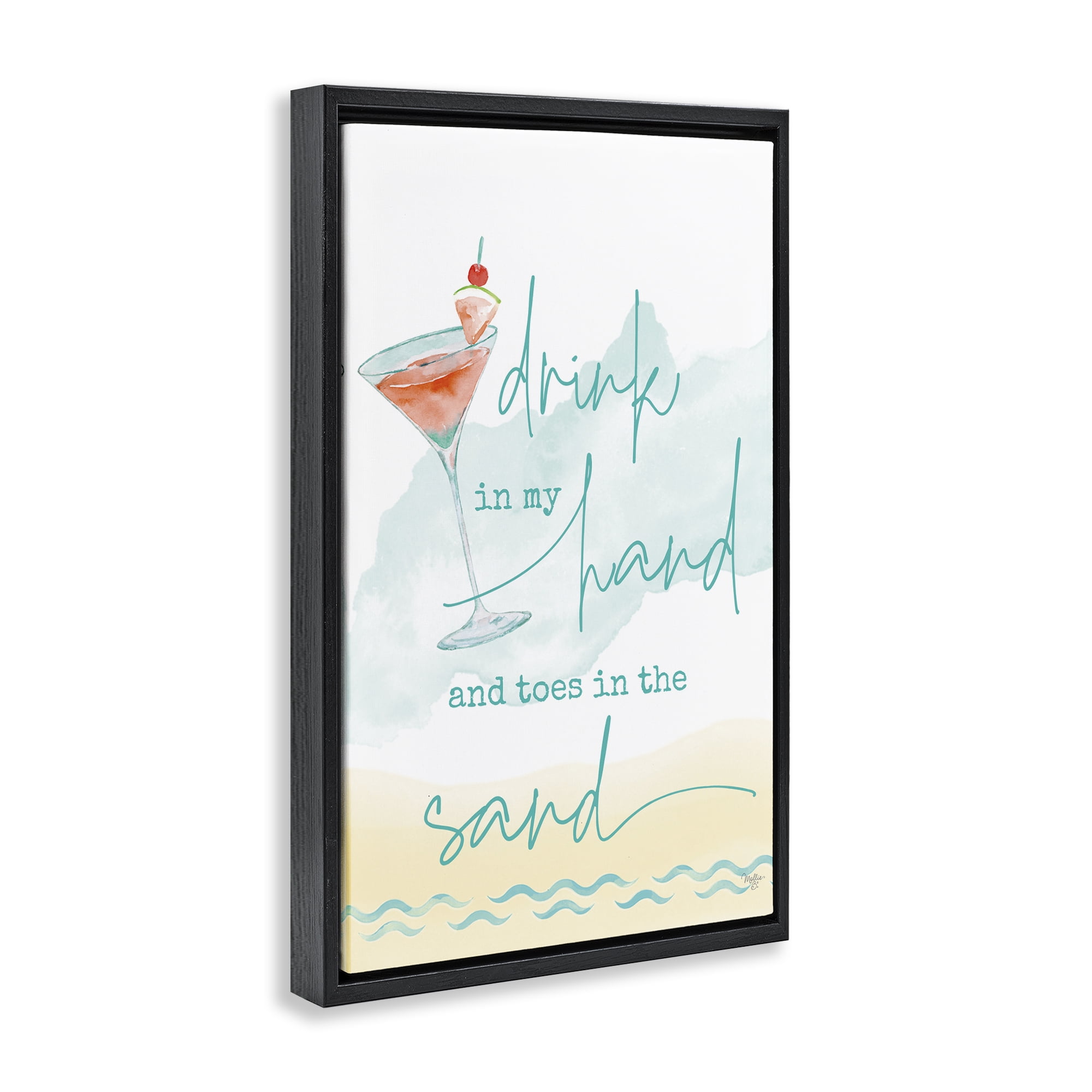Stupell Industries Drink & Sand Beach Sentiment Text & Numbers Painting Black Floater Framed Canvas Art Print Wall Art, 17 x 25