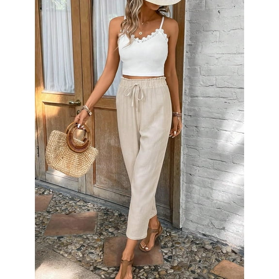 MORTTIC Women's Summer 2-Piece Outfit Sleeveless Lace Vest Top and Casual Elastic Waist Pants, Lightweight and Comfortable