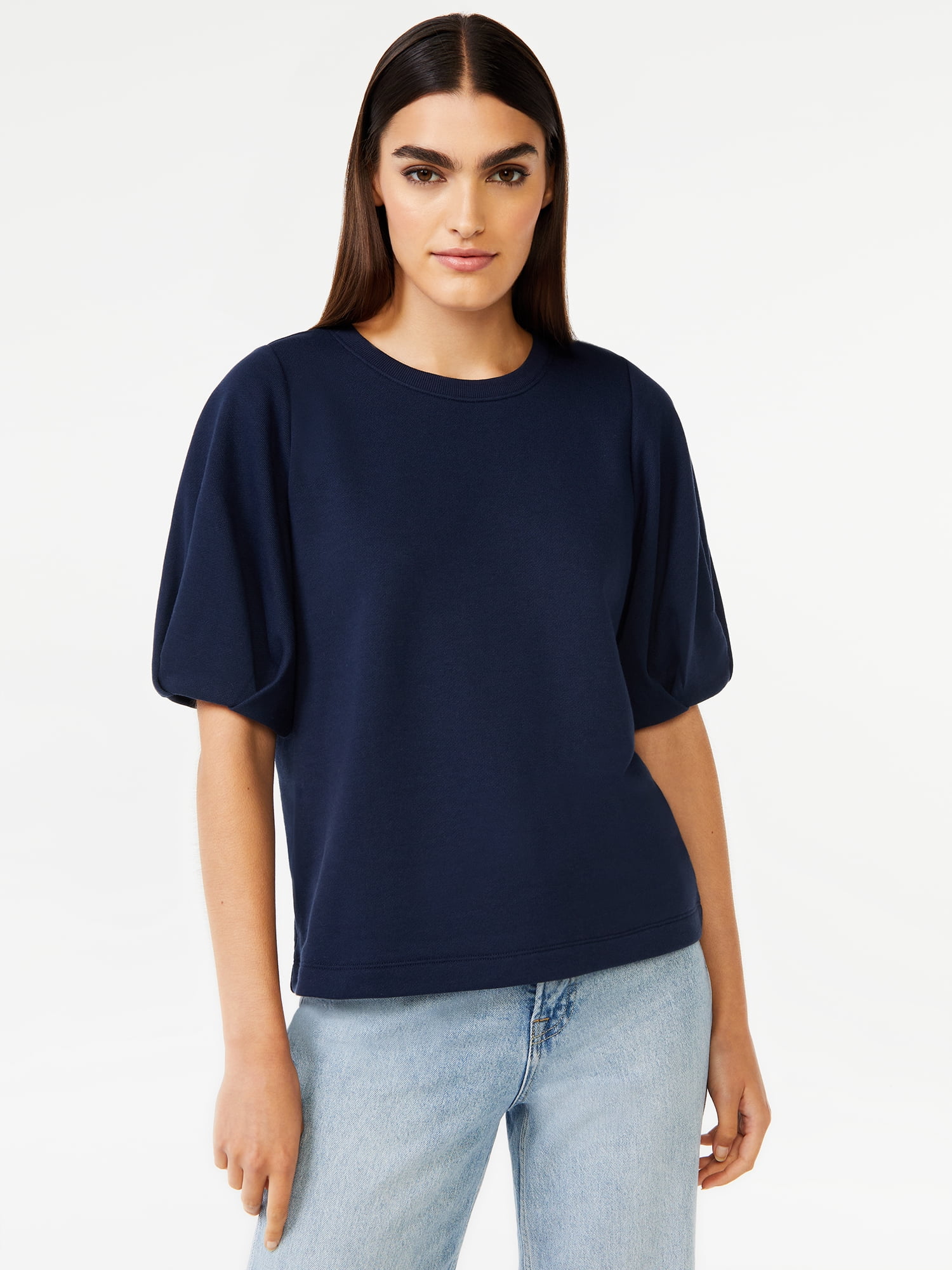 Free Assembly Women's Pleat Sleeve Crewneck Top