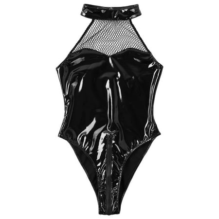 Lolmot Sexy Lingerie for Women Black Leather Bodysuit Shinny PU Fishnet Backless Halter Lingerie Party Cosplay Clubwear One Piece Teddy Lingerie on Clearance