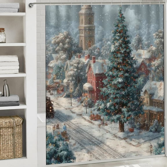 RKSupls Christmas Shower Curtain, Snowy Village Winter Wonderland Shower Curtain with Hooks for Christmas Home Bathroom Decor Washable Curtains, 72x72 in