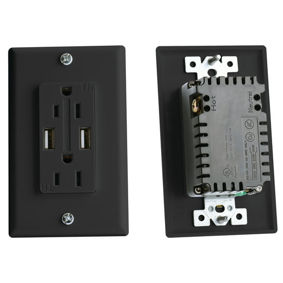 RV Designer S860 AC Dual Outlet with Cover-Plate & 2 USB Charging Ports - Black