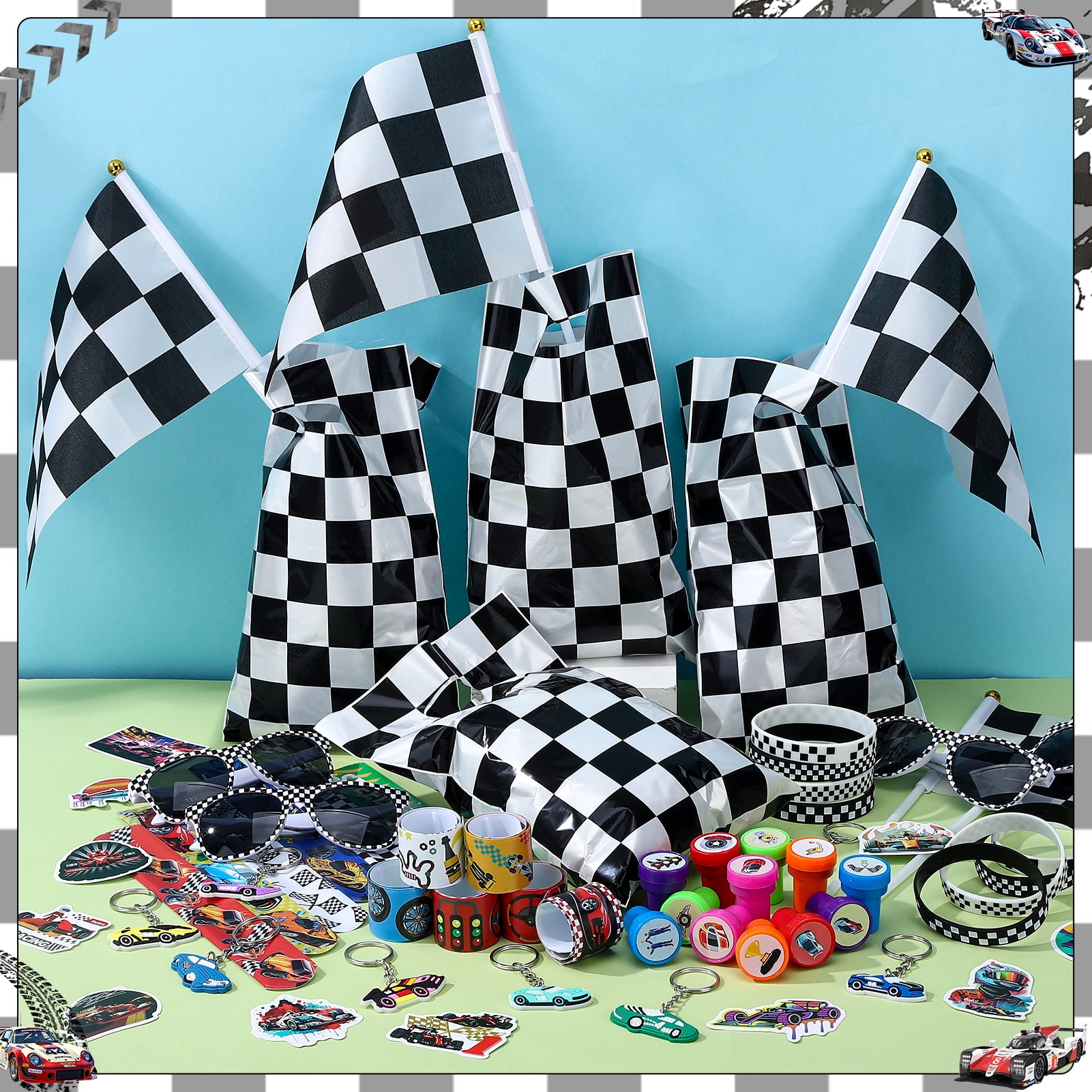 sixwipe 107 Pcs Race Car Party Favors Set, Car Themed Birthday Party Decorations, Goodie Bag Stuffer Pinata Filler with Racing Glasses and Flags, Cars Themed Favors for Wheel Birthday Decor
