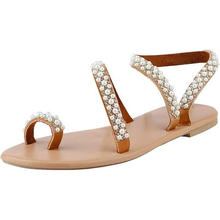 

One toe Boho Women s Summer Sandals Pearl Rhinestone Sandals Women Dressy Summer Flat Women s Flat Sandals Beaded