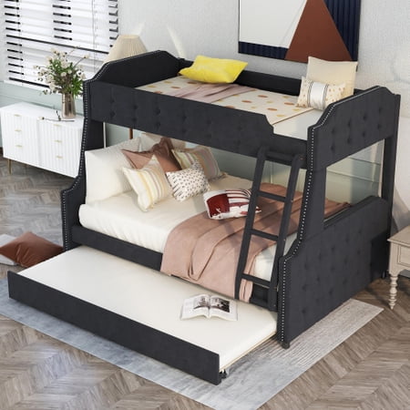 Twin Over Full Bunk Bed with Trundle and Ladder  Tufted Button Design Upholstered Bunk Bed Frame with Headboard  Footboard and Slat Support (Velvet Fabric  Black)