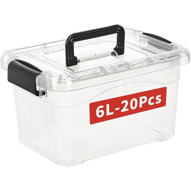 Cetomo 6Lx20 Pack Storage Boxes, Storage Box with Lids and Handle for Home Dorm Office Organization, Stackable Nesting Tote Container, Plastic, Clear, 6L-20 Pack