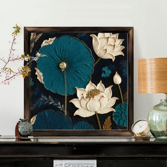 8x8 Inch Framed Wood Wall Art, Textured 3D Lotus Flower Square Painting, Teal and Gold Floral Decor on Navy Background, Modern Mixed Media Wall Hanging for Bedroom and Living Room, 1pc