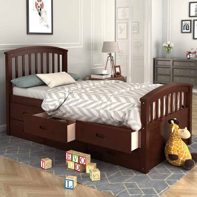 Churanty Twin Size Platform Storage Bed Solid Wood Bed with 6 Drawers