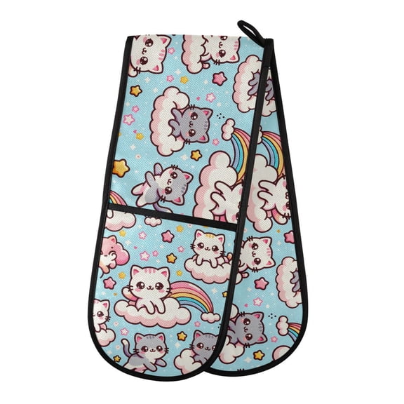 Dailycode Double Sided Oven Mitt with Loop Heat Resistant Kitchen Long Potholders 7" x 35" Cute Cats with Cloud
