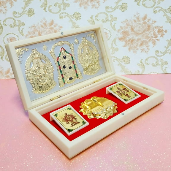 Swadeshi Desire Golden Photo Frame With Charan Paduka Pocket Temple For Diwali Gift, House Warming Gifts Return Gift Puja (Balaji Padmavati, Large)