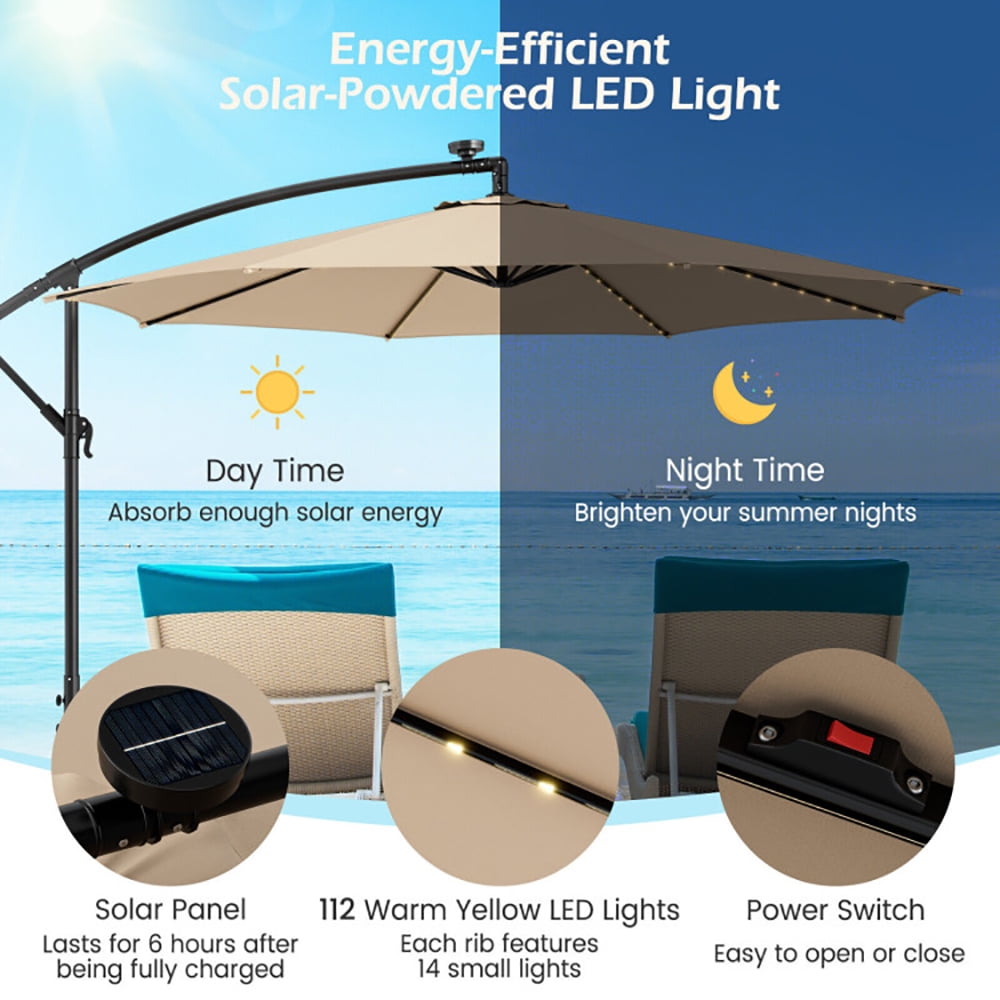 Aimee Lii 10 Feet Patio Offset Umbrella with 112 Solar-Powered LED Lights, Sunbrella Patio Umbrellas, Beige