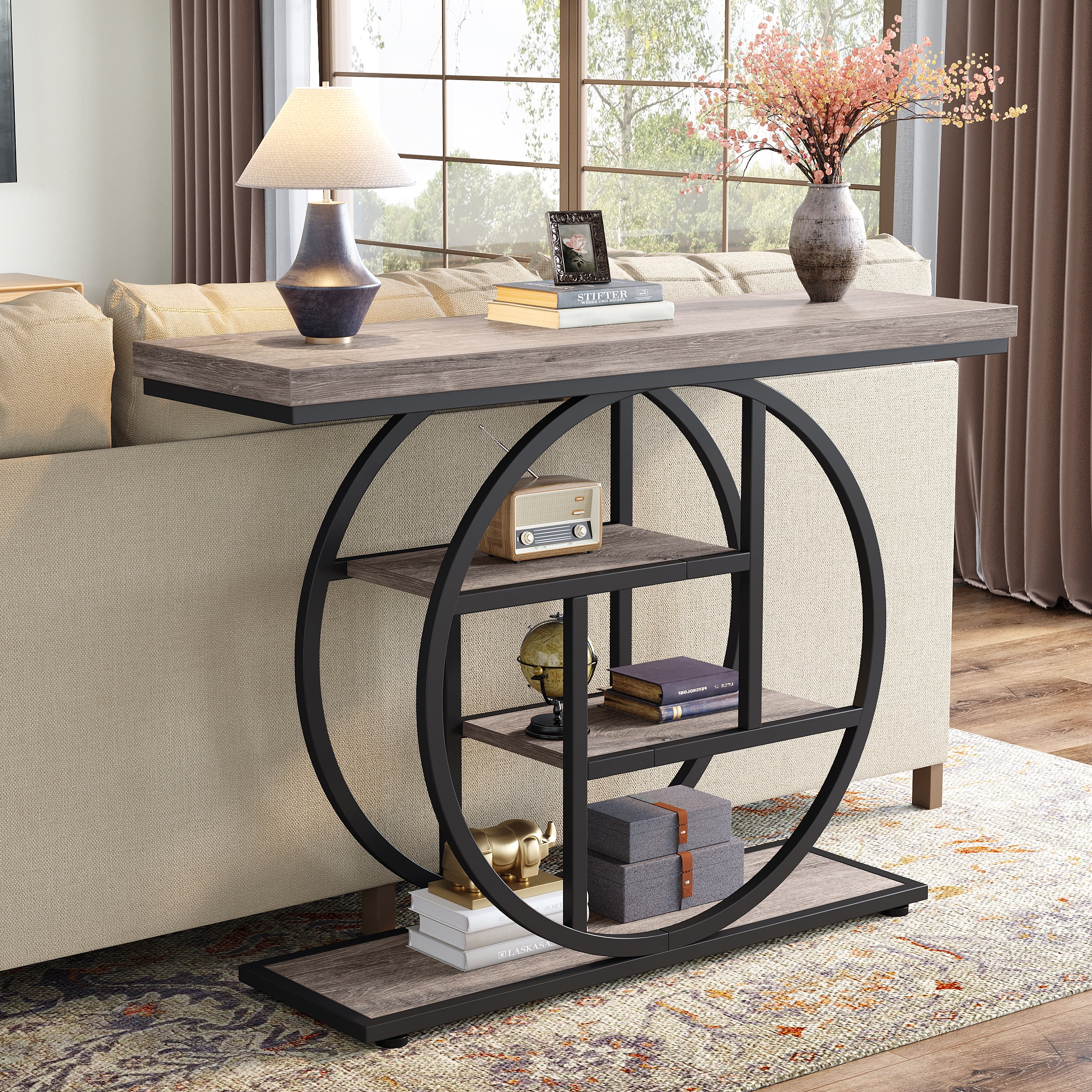 Fnova Console Table, Entryway Table with 4-Tier Storage Shelves, 42" Wood Modern Narrow Long Side Table, , Sofa Table, Accent Table for Living Room, Entryway, Hallway, Gray and Black