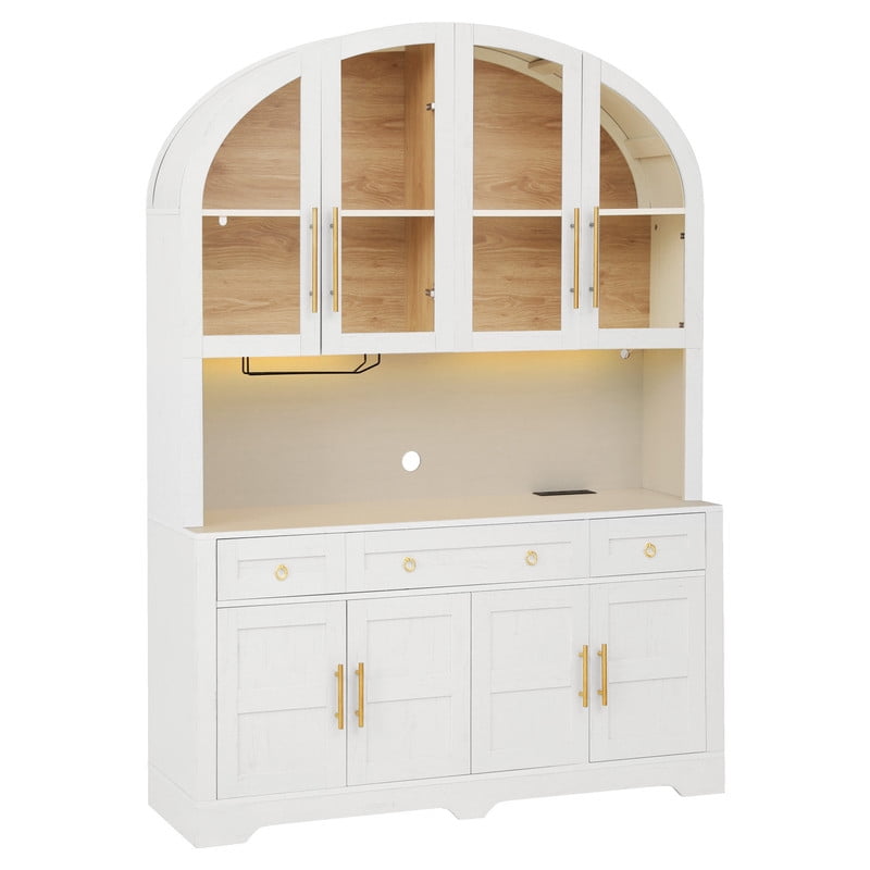 Arched Kitchen Pantry Cabinet with LED Lights & Charging Station, 55" Farmhouse Hutch Storage Cabinet with Glass Doors, Drawers, Adjustable Shelves & Barn Doors for Kitchen, Dining Room
