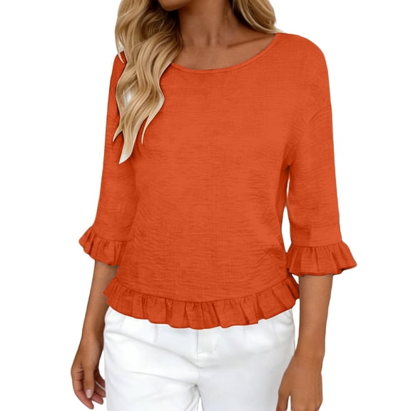 Wang6 Womens 3/4 Sleeve Tops Elegant Crew Neck Ruffle Trim Tshirts Ladies Causal Solid Going out Tees Shirts Orange 0713-3/4 sleeve tshirts XXL
