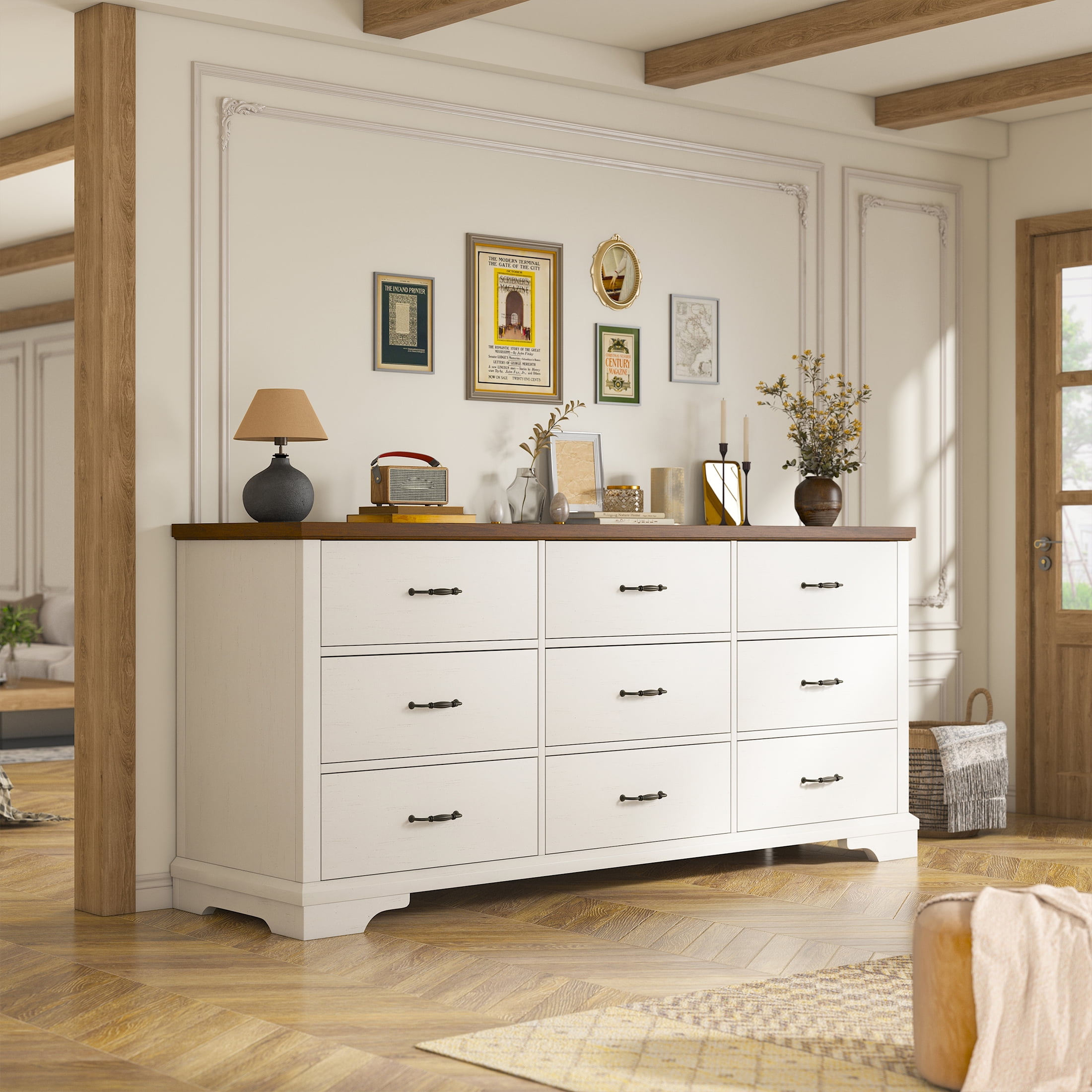 EnHomee 9 Drawer White Dresser for Bedroom Wood Dressers&Chest of Drawers 63" Long Dresser